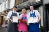 Fearghas Lowther, Louise Forsyth and Callum Forsyth of Forsyths Butchers and Bakers in Peebles with their award-winning Scotch Lamb Tagine and awards.