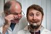 Sausages to smile about! Douglas Scott, Chief Executive of the Scottish Federation of Meat Traders Association (left), pictured with Jack Broussine of Quality Meat Scotland, and one of the top quality entries.