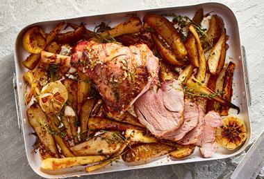 Honey glazed half leg Welsh lamb with parsnips and pears