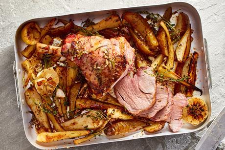 Honey glazed half leg Welsh lamb with parsnips and pears