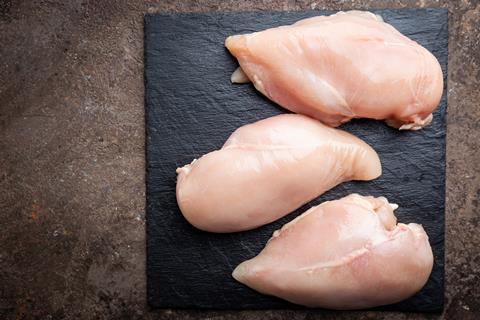 Raw chicken breasts on a board