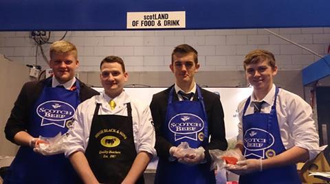 L-R: Jamie Shields, Lewis Boyd and Andrew Taylor from Park Mains High School, Renfrewshire, join butcher John Harvey from Hugh Black & Sons and proudly show off their burgers which they made at the Skills Scotland event.