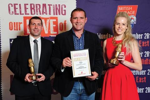 Anna Knutsen and Brad Hill (Riverway Foods) receiving their Gold Award from Phil Vickery.