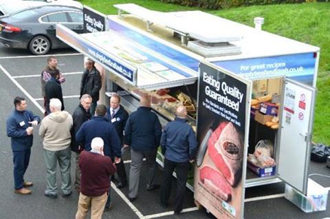 EBLEX exhibition vehicle at Tadmarton Products facility in Banbury, with customers sampling the produce.