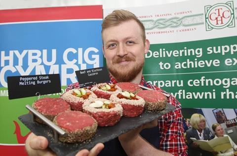 Pictured: Sam Hughes with one of the meat displays that helped him become the Welsh Young Butcher champion.