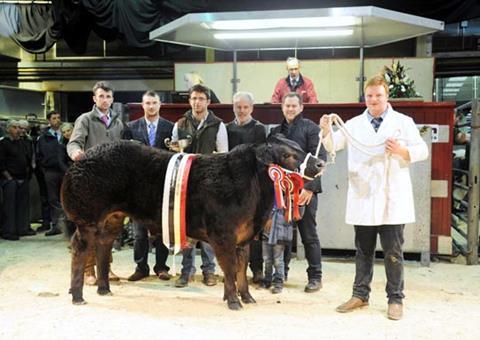 Pictured with the 2014 Skipton Christmas prime beef supreme champion are, from left, Edward Fawcett, co-judge Joe Woolley, William and Carl Fawcett, co-judge and buyer James Robertshaw, and Jimmy Fawcett.