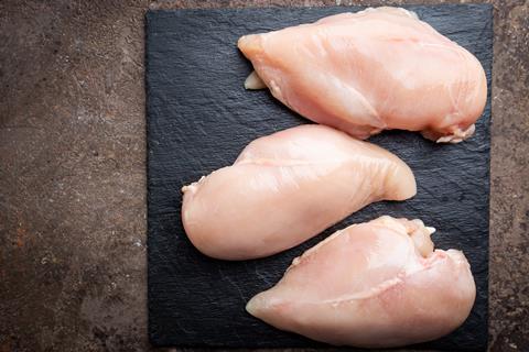Raw chicken breasts on a board