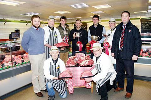 Pictured at Keelham Farm Shop with cuts of the supreme champion Christmas beef are, from left, Skipton Auction Mart auctioneer Sam Bradley, butcher Craig Streetly, Edward Fawcett, Keelham’s James Robertshaw, William Fawcett, butchery shop manager Lee Scott, and Skipton Auction Mart’s livestock sales manager Ted Ogden. Front are butchers Andrew Aspinall ,left, and Tony Williams.