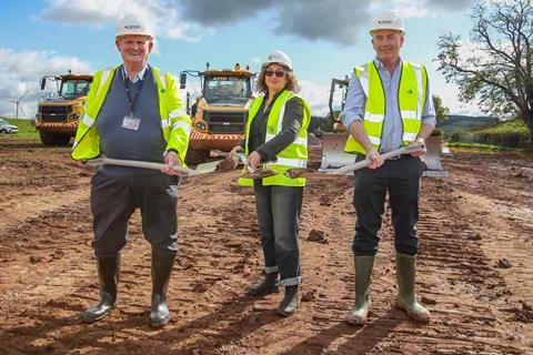 Cllr Andy Ferguson of D&G Council, SOSE CEO Jane Morrison-Ross with Pickstock Telford MD Greg Pickstock break the ground for the Pickstock Telford facility 2