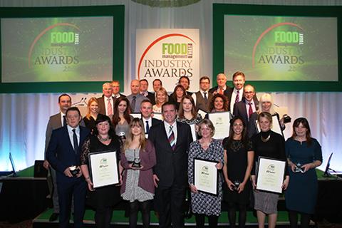 The Food Management Today Food Industry Award winners with host and rugby legend Phil Vickery MBE (centre).
