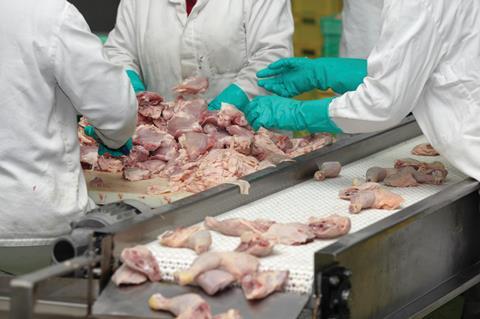 Workers at chicken processing factory.