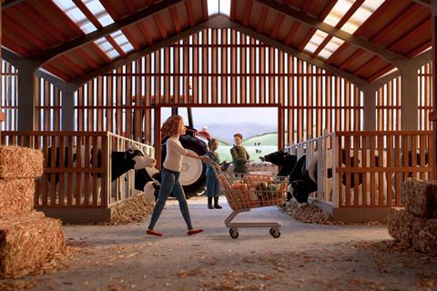Red Tractor Advert - Shopping Trolley in Cow Shed