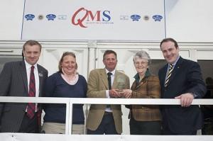 Andrew and Claire Robinson of The Morrisons Farm, Dumfries House Estate, receive their award from Maimie Paterson and are joined by Jim McLaren, QMS chairman (far left) and Paul Wheelhouse MSP (far right).