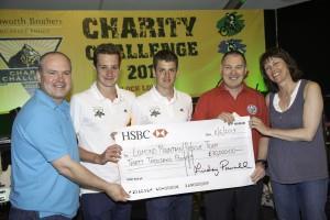 Lomond Mountain Rescue team receiving £30,000 cheque donation - left to right, Paul Davey, Bradgate Bakery managing director and Challenge organiser; Alistair Brownlee, Jonathan Brownlee, Dave Dodson (Lomond Mountain Rescue Team) and Lindsey Pownall, Samworth Brothers Group chief executive. 