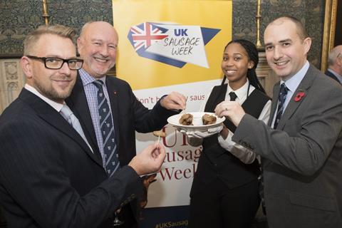 UK Sausage Week awards parter Richard Watson of Reiser pictured with Meat Managements Graham Yandell and Rob Yandell at the Court Lunch. 