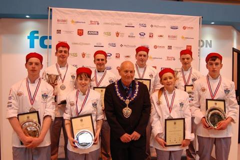 NFMFT President Jim Sperring with (left to right) Harry Smith, Premier Young Butcher 2016 James Henshaw, Erin Conroy, Stuart Rankin, James Gracey, Elsie Yardley, Runner-up Premier Young Butcher 2016 Dylan Gillespie and James Taylor.