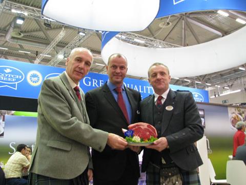 A new German customer for Scotch beef, Norbert Kunz of Recke Fleischwaren, is joined by Uel Morton, QMS Chief Executive (left) and Jim McLaren, QMS Chairman (right) on the QMS stand at Anuga, Cologne.