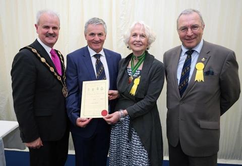 Jim Dobson OBE (2nd left) pictured with Cllr Thomas Beckett, Mayor of Lisburn & Castlereagh City Council, Rosie Carne, Chairman of Council for Awards of Royal Agricultural Societies (CARAS) and Prof. John Wibberley Secretary of CARAS.