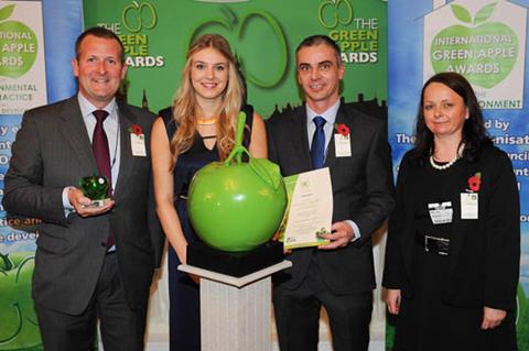 Dawn Meats has been named National Green Champion (Ireland) at the prestigious Green Apple Environment Awards in the United Kingdom. Pictured at the awards ceremony in the House of Commons this week were (L-R) Niall Browne, Chief Executive, Dawn Meats; Sophie Desbrow presenting the award on behalf of the Green Organisation; Charlie Coakley, Group Environmental Manager, Dawn Meats; and Gladys Caldwell, Dawn Meats UK. 