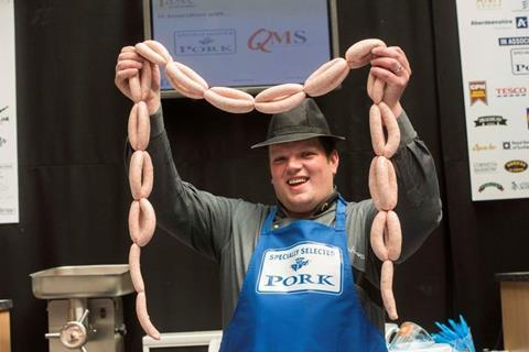 Butcher Steven Cusack, of Davidsons of Inverurie, set a new sausage-making world record at Taste of Grampian.