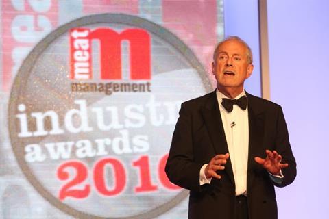 Broadcaster and author Gyles Brandreth speaking at the MM Meat Awards 2016.