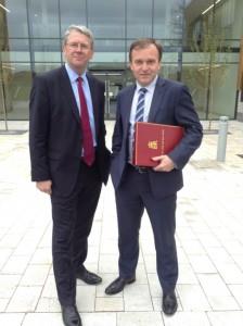 AHDB chairman, Peter Kendall (left) and Minister George Eustice at Stoneleigh.