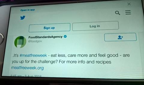 The FSA later took down the tweet which endorsed #meatfreeweek.