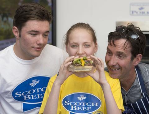 Eve Cattanach of St Mungo’s High School, Falkirk was the winner of the Scotch Butchers Club Commonwealth Burger competition. Eve is pictured here with Max Murphy and butcher Rod Gillie from Thomas Johnston in Falkirk. 