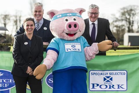 Kate Rowell Alan Clarke QMS pork mascot and Fergus Ewing 