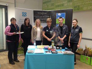 Welsh Lamb producer, Susan Vaughan, Llanidloes; Lynwen Mathias, Dunbia; Cath Bennett, Poultry Agriculture Manager, Co-op; Elwen Roberts, Consumer Executive, HCC; Josh Hancock, Store Supervisor and Nia Daniel, fresh team member, Co-op Machynlleth.