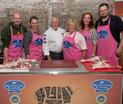 L-R: Master butcher Viv Harvey and celebrity chef Jak O’Donnell are joined by the group of European food bloggers at the Scotch Lamb Street Food Festival.