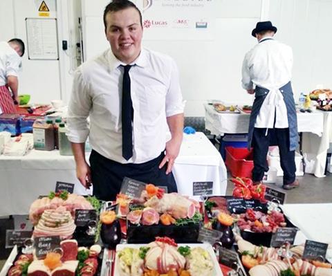 Lishman’s Joe Smith is pictured with the creations that won him the young butcher’s title.