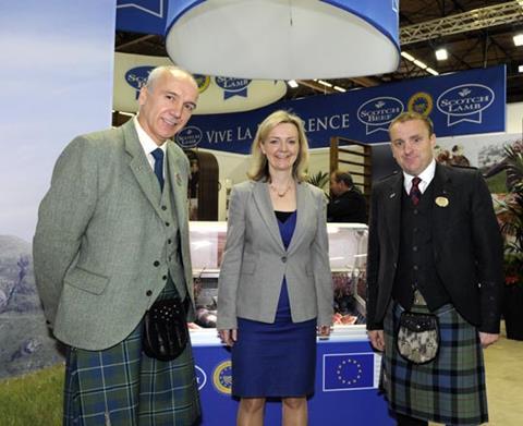(L-R): QMS Chief Executive Uel Morton and QMS Chairman Jim McLaren are joined by Elizabeth Truss MP Secretary of State for Environment, Food and Rural Affairs at SIAL, one of the world’s largest food fairs.